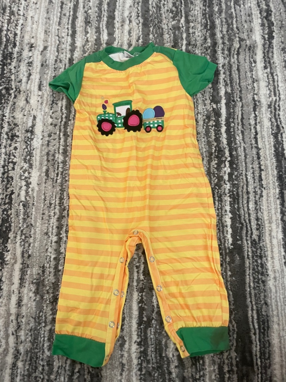 Baby Yellow Stripe Tractor One-Piece with Green Accents